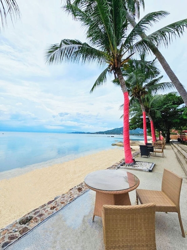 Un área de estar frente a la playa con sillas de mimbre y una mesa redonda, palmeras y vista al mar.