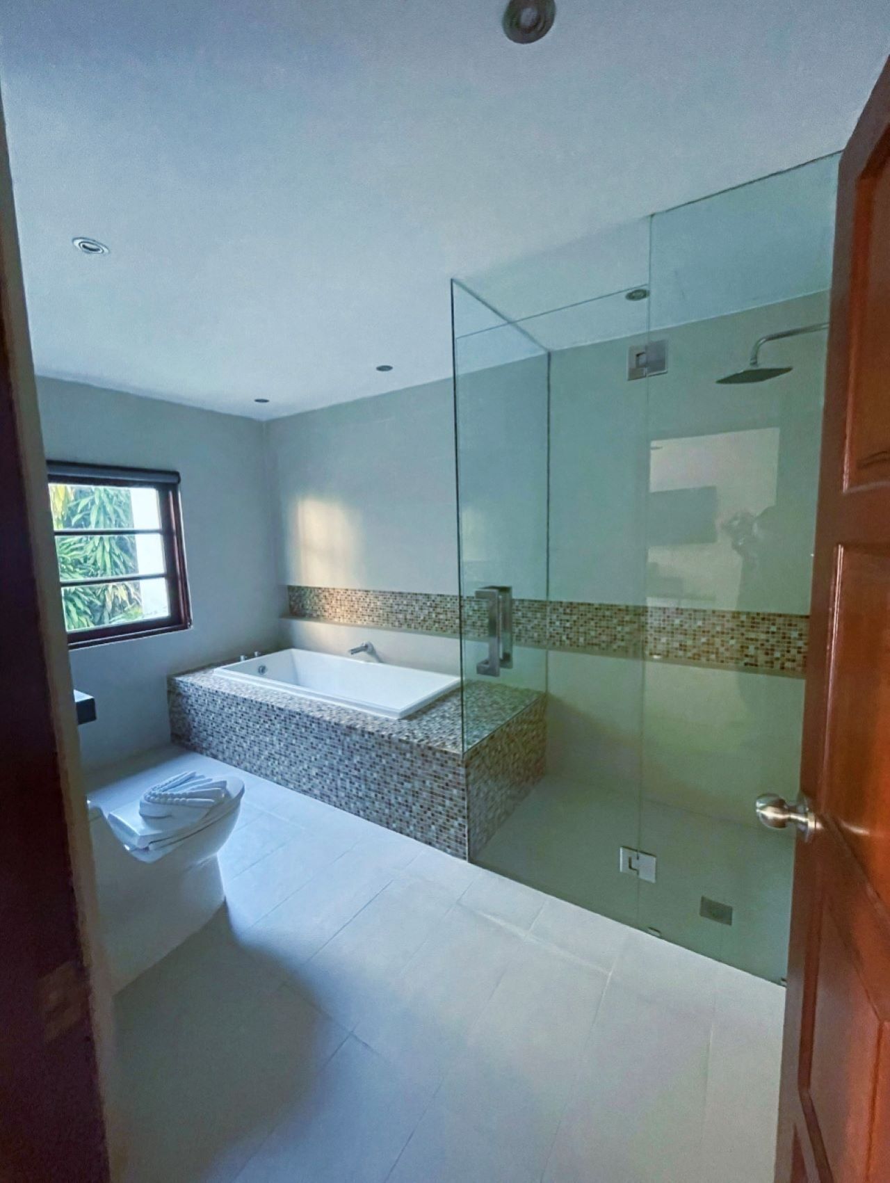 A modern bathroom with a glass-enclosed shower, a freestanding bathtub, and a toilet.