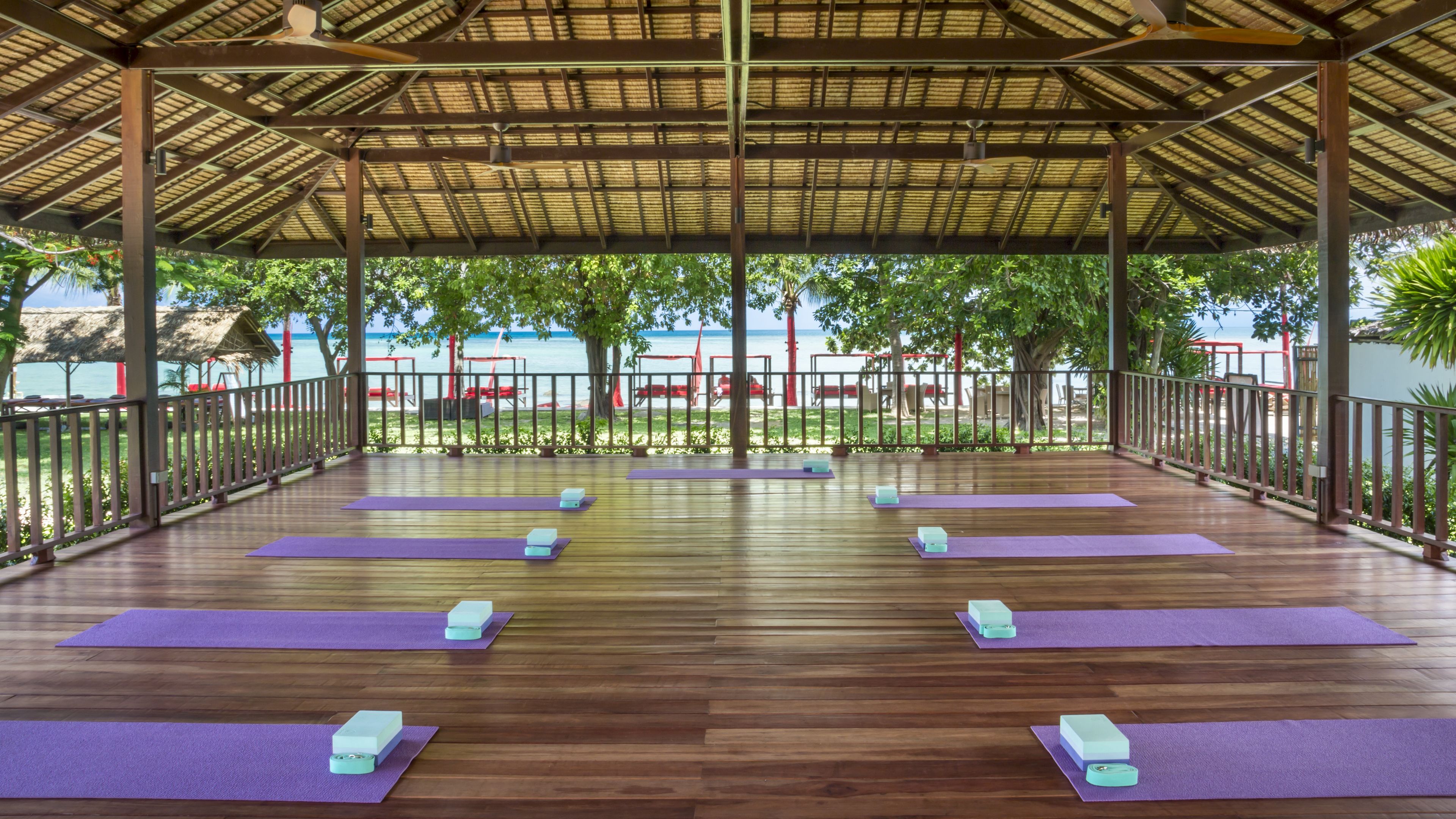 An open-air yoga pavilion with wooden flooring and purple yoga mats arranged in rows, overlooking a beach with red exercise equipment and a clear view of the sea.
