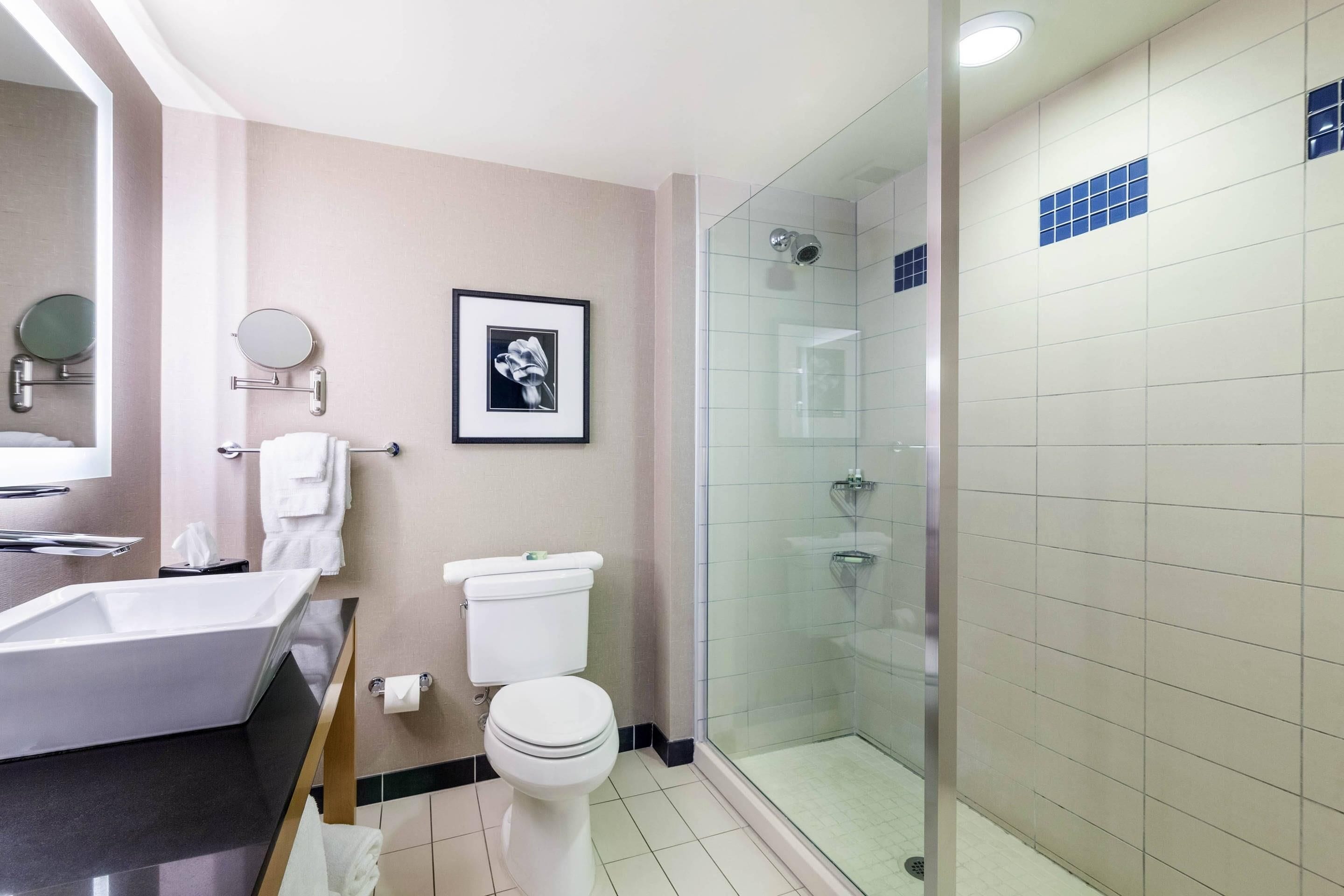A modern bathroom with a bathtub, toilet, and glass-enclosed shower.
