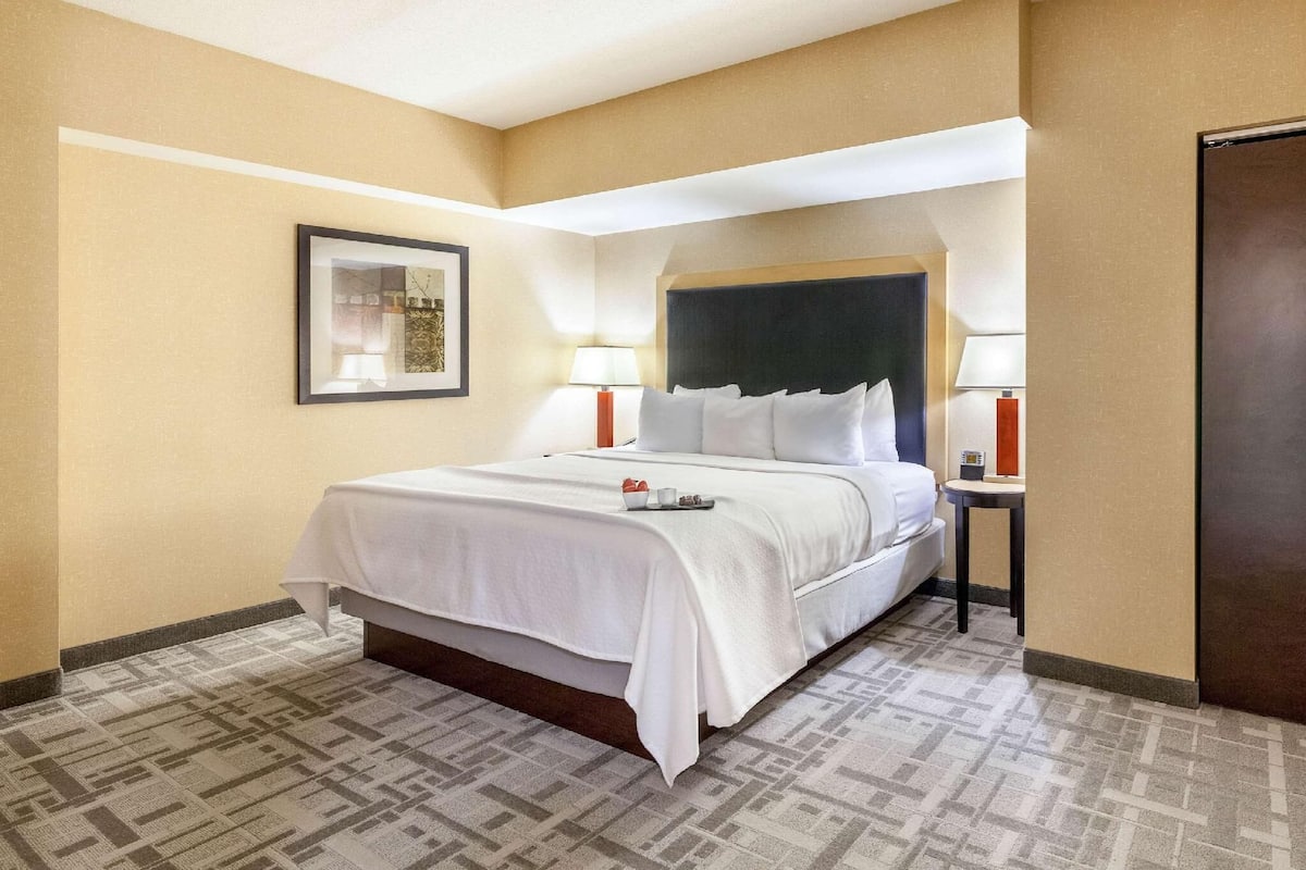 A hotel room with a bed, two bedside tables, a framed picture on the wall, and a door.