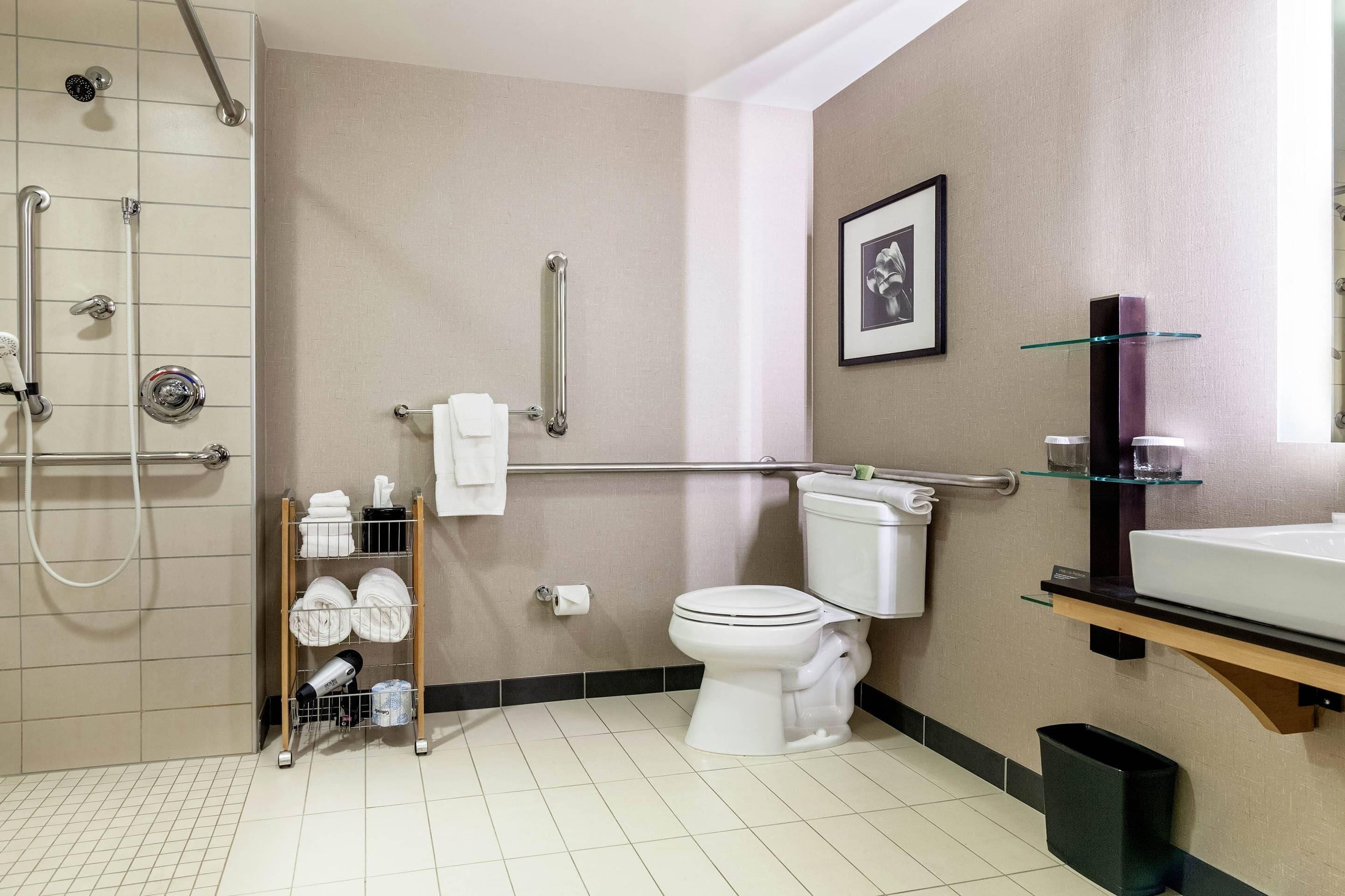 A modern bathroom with a toilet, shower, and glass shelf.