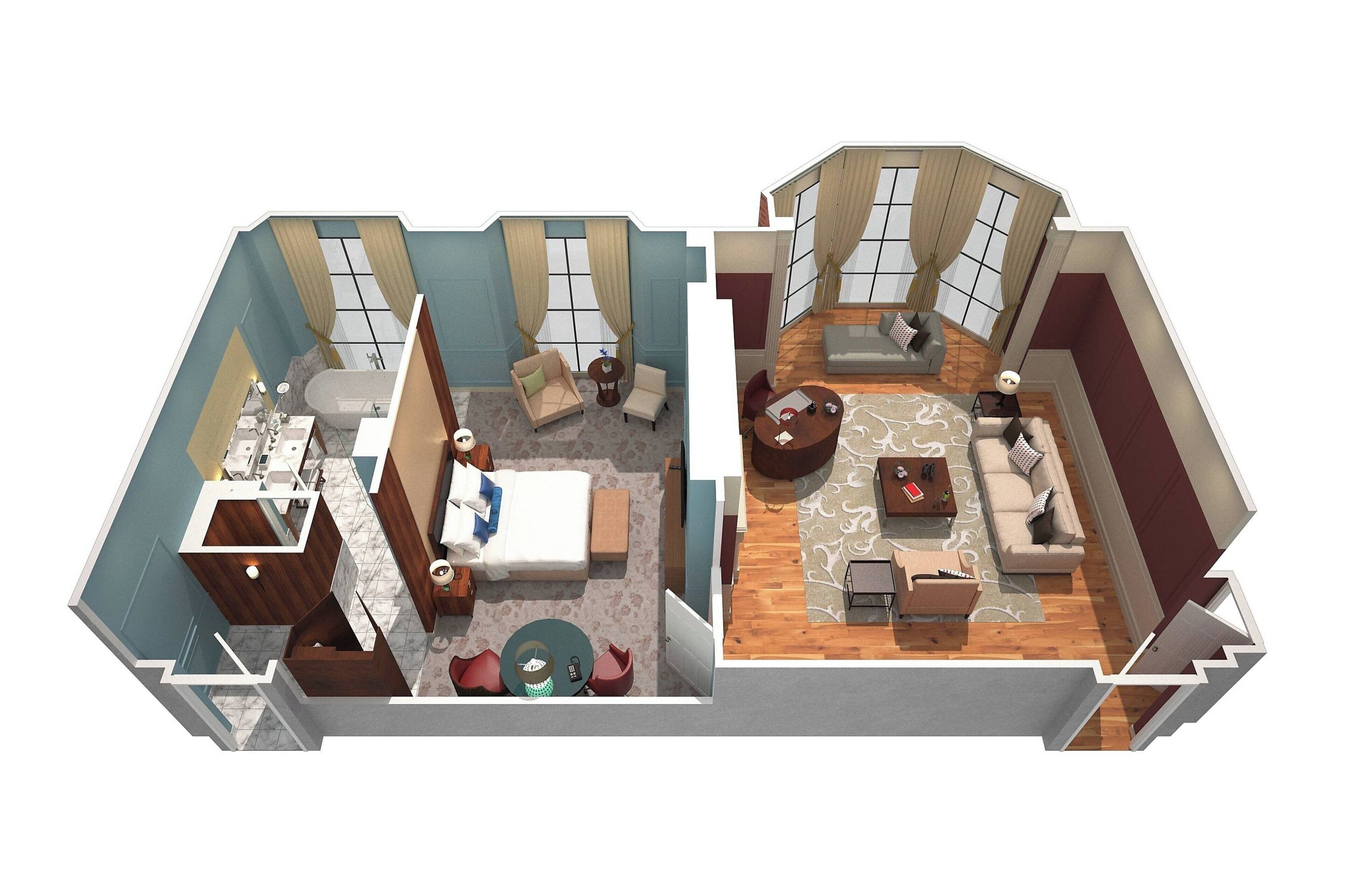 Ein 3D-Grundriss eines Hotelzimmers mit Bad, einer Sitzecke inklusive Sofa und Couchtisch sowie einem Schlafbereich mit Bett und Nachttisch.