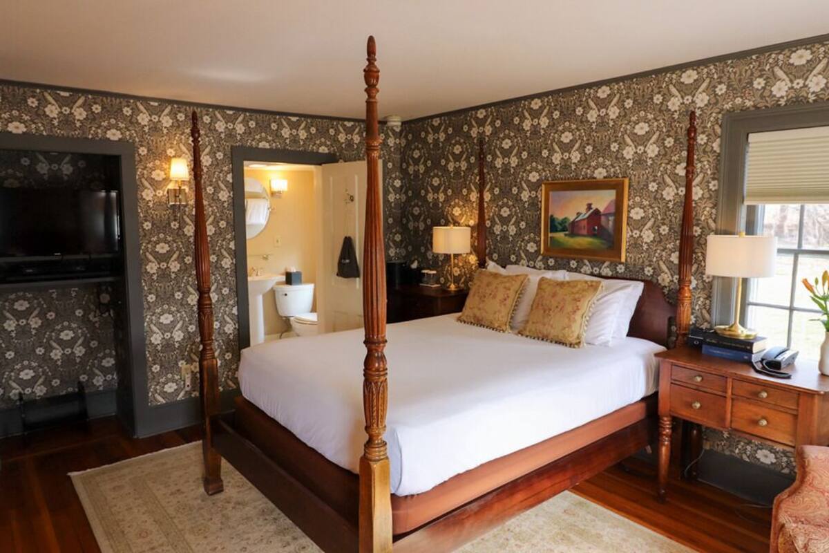 Uma cama com dossel e estrutura de madeira, uma televisão, uma mesinha de cabeceira com abajur e um quadro na parede.