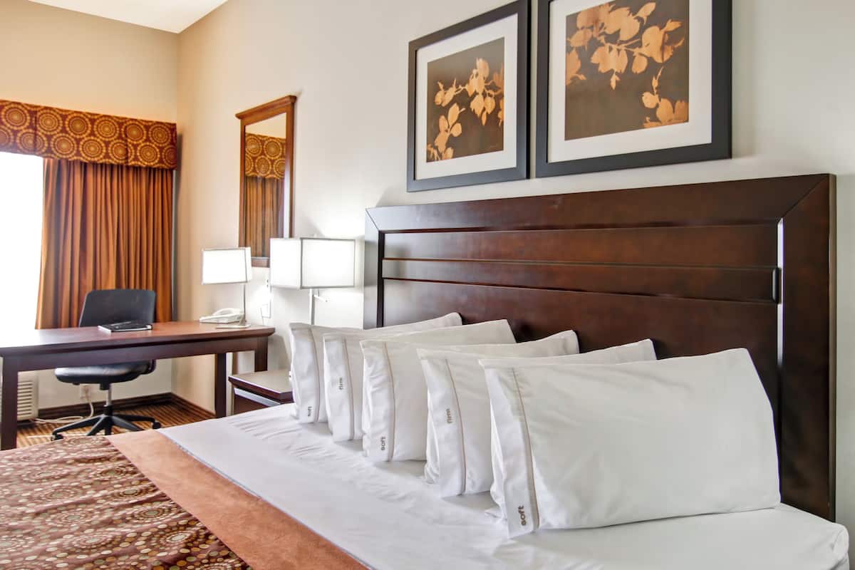 A hotel room with a large bed, a desk, a chair, and two framed floral pictures on the wall.