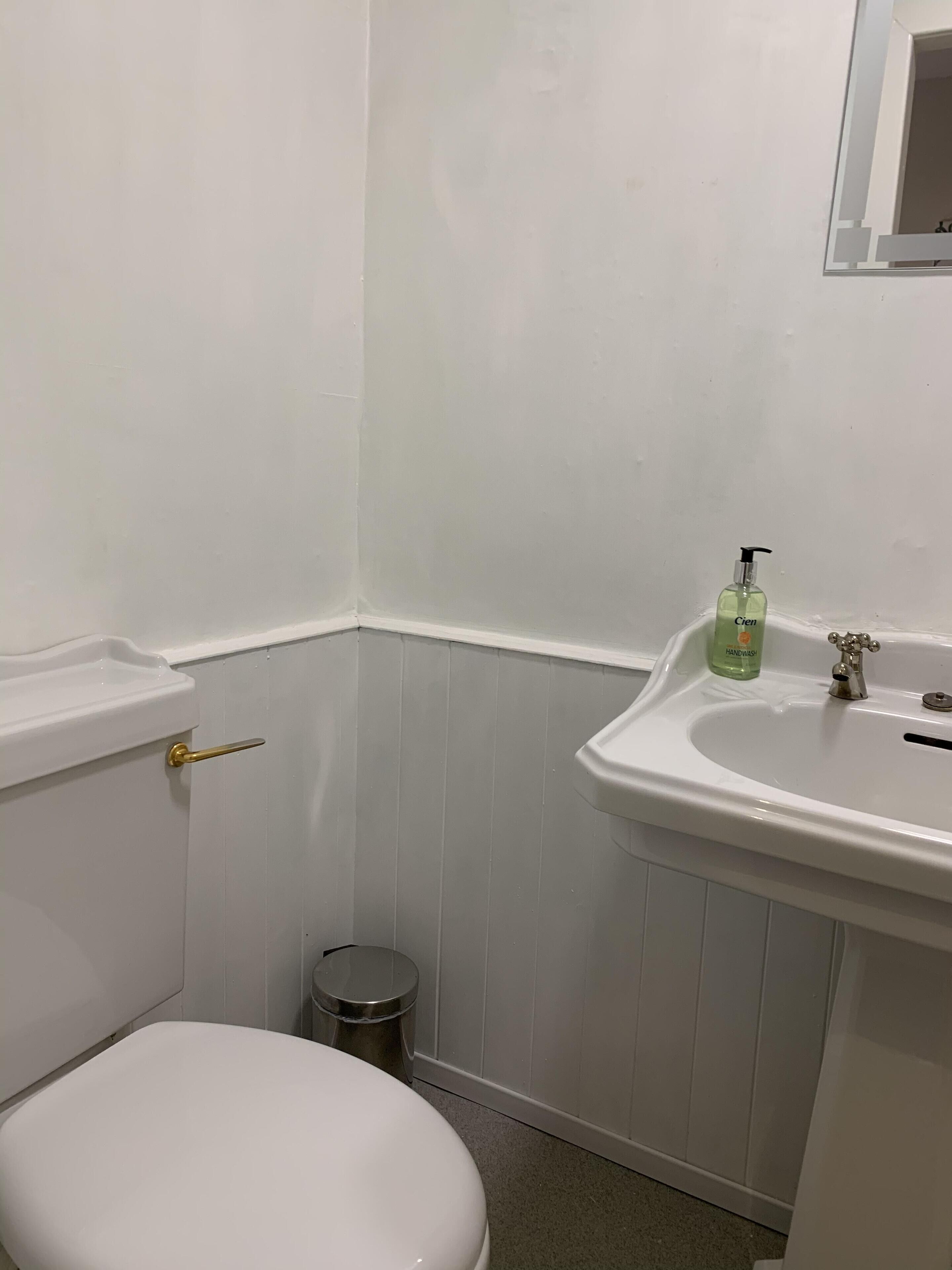 Et lille badeværelse med toilet, vask og skraldespand.