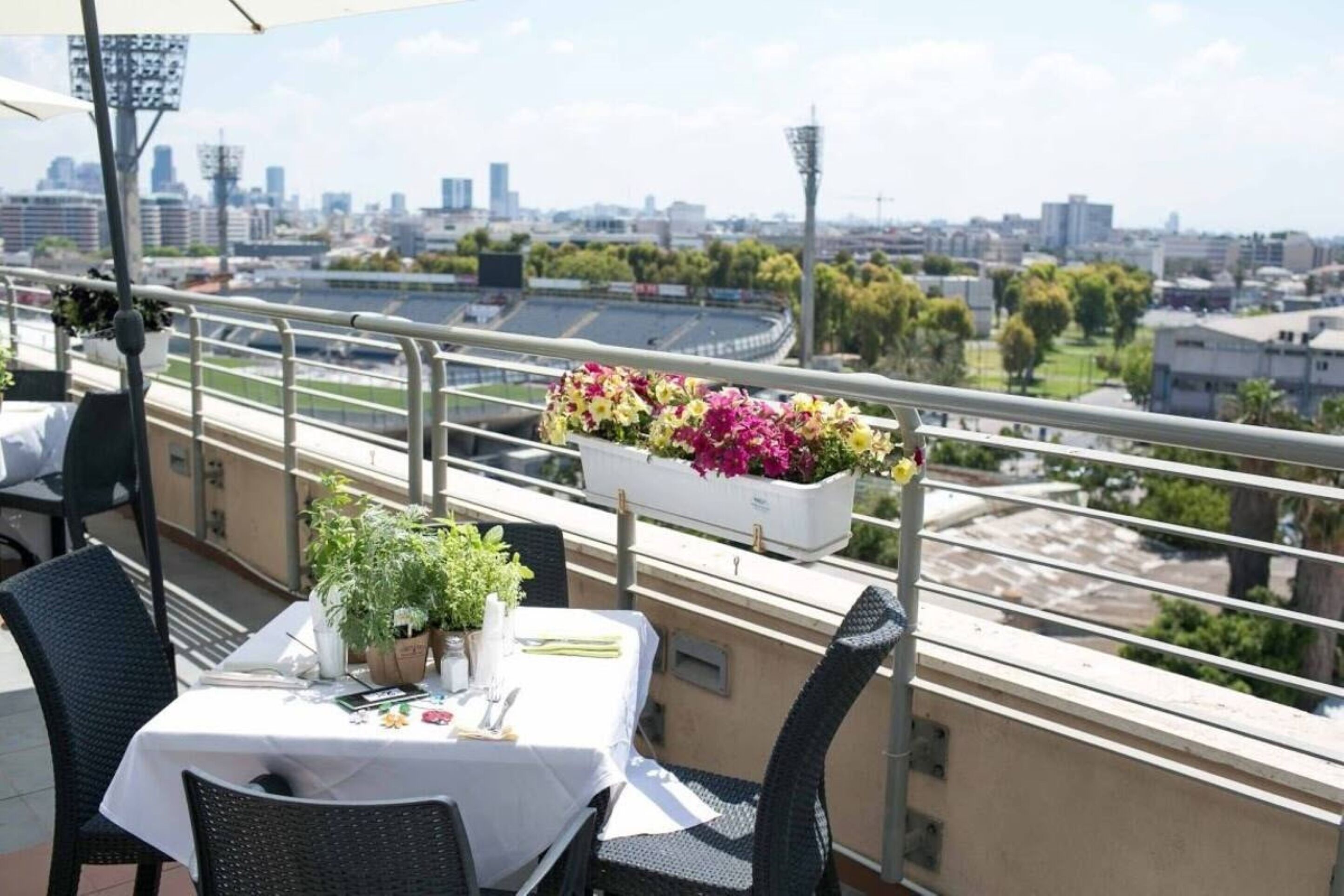 Une terrasse sur le toit, avec une table dressée pour le dîner, des plantes en pot et une vue sur la ville.