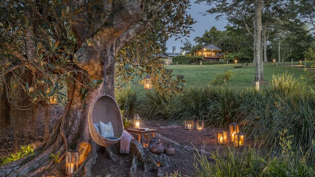 A serene outdoor seating area with a wicker chair and lanterns, surrounded by lush greenery and a pathway leading to a house. - Spicers Tamarind Retreat (Maleny)