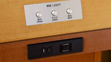 A control panel with three switches labeled ROOM, DESK, and FOOT, and a USB power supply.