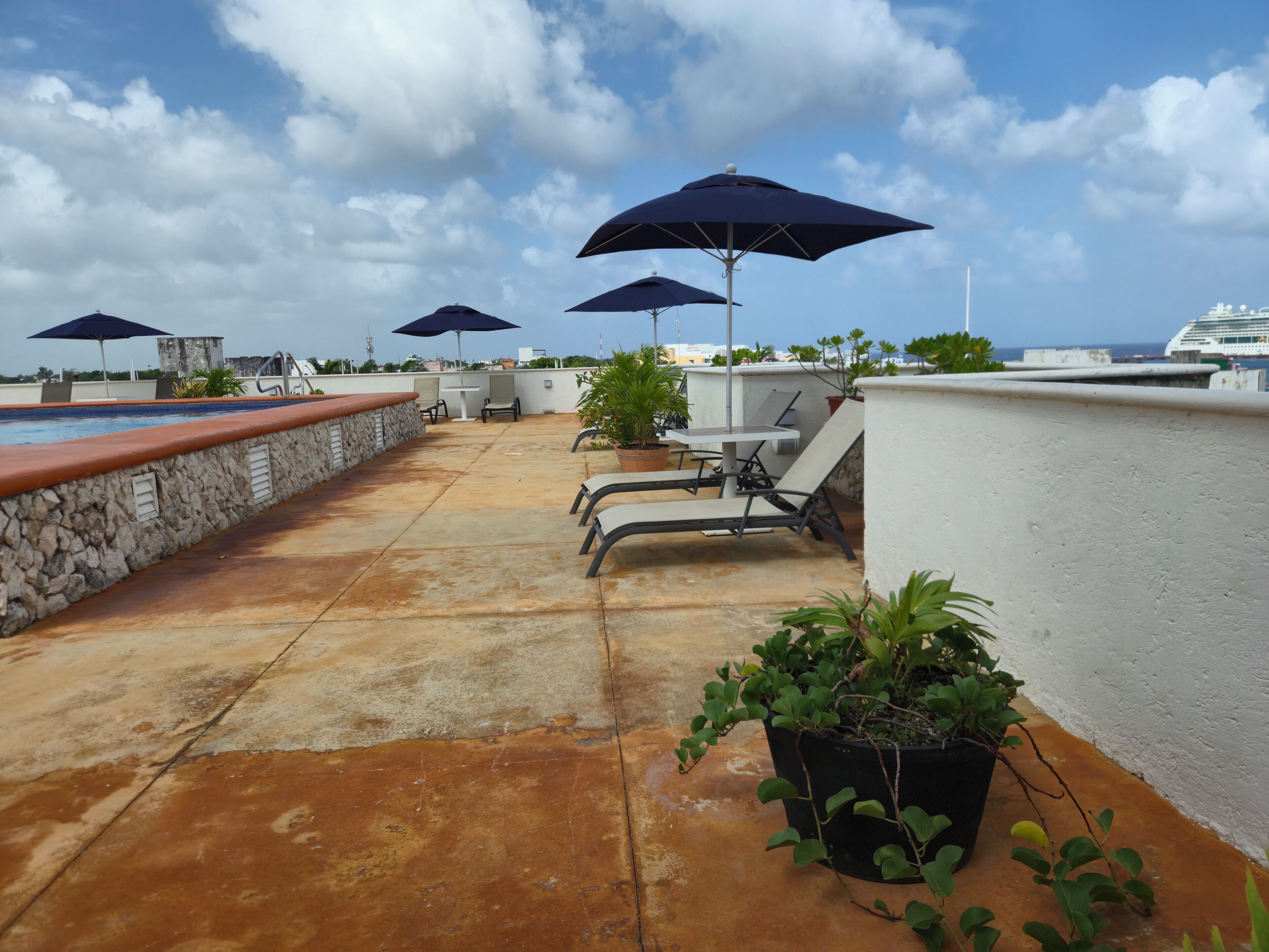 Eine Dachterrasse mit Pool, Liegestühlen, Sonnenschirmen und Topfpflanzen.