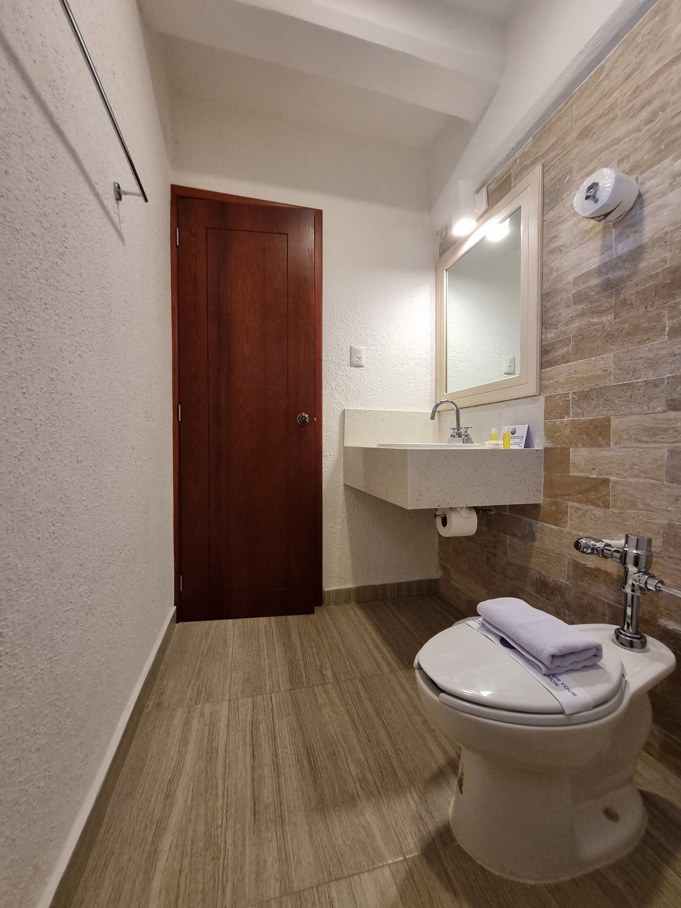 A bathroom with a wooden door, a white sink, a mirror, and a toilet.