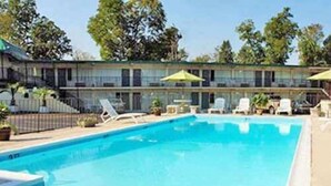 A swimming pool with lounge chairs and umbrellas, surrounded by a fence and trees. - Econo Lodge Conway Central (Conway)