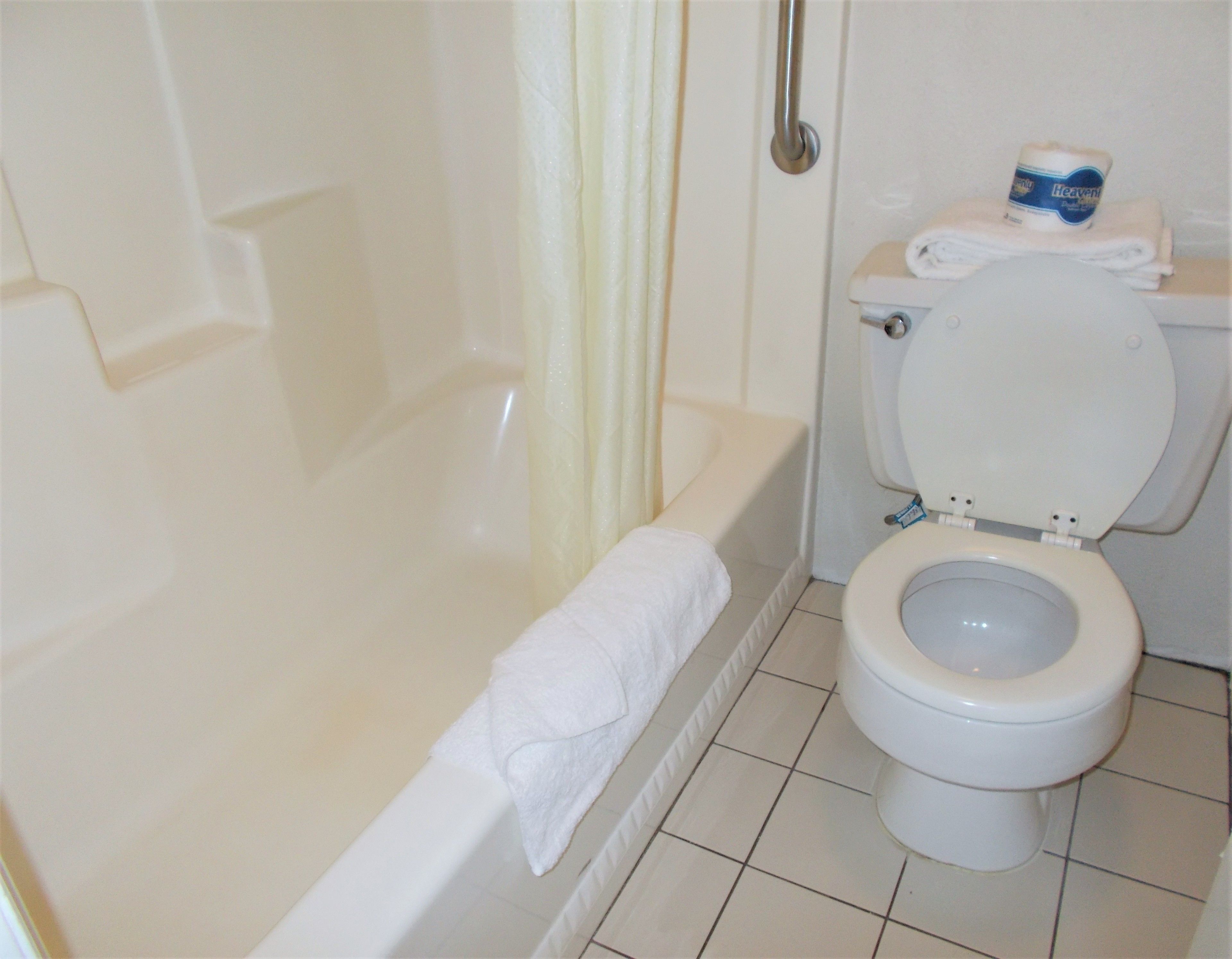 A bathroom with a bathtub, toilet, and a shower curtain.