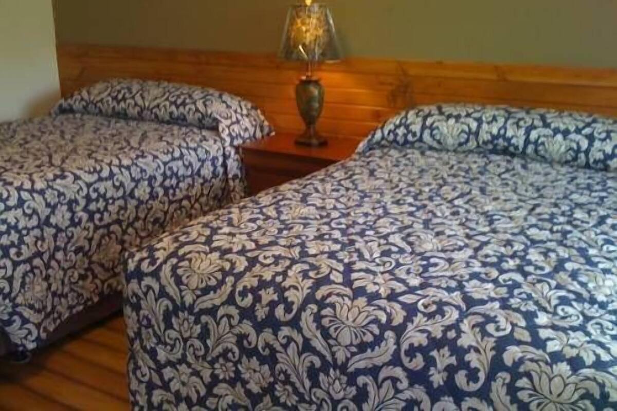 A room with two beds, each with a patterned bedspread.