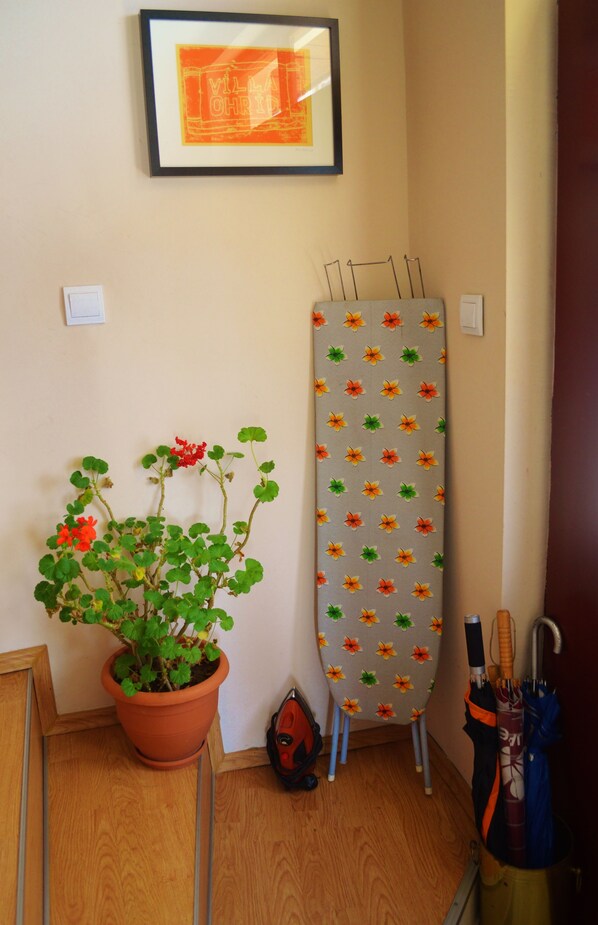 A room with a potted plant, an ironing board, and an umbrella. - Villa Ohrid (Ohrid)