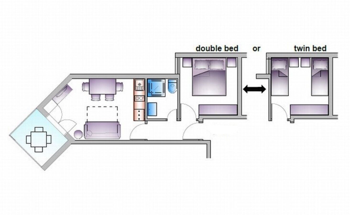 A floor plan of a hotel room with a dining area, a double bed, and a twin bed option.