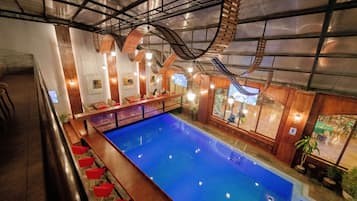 Indoor pool, open 8 AM to 8 PM, sun loungers