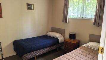 A bedroom with two beds, a window with curtains, a bedside table with a lamp, and a picture on the wall.