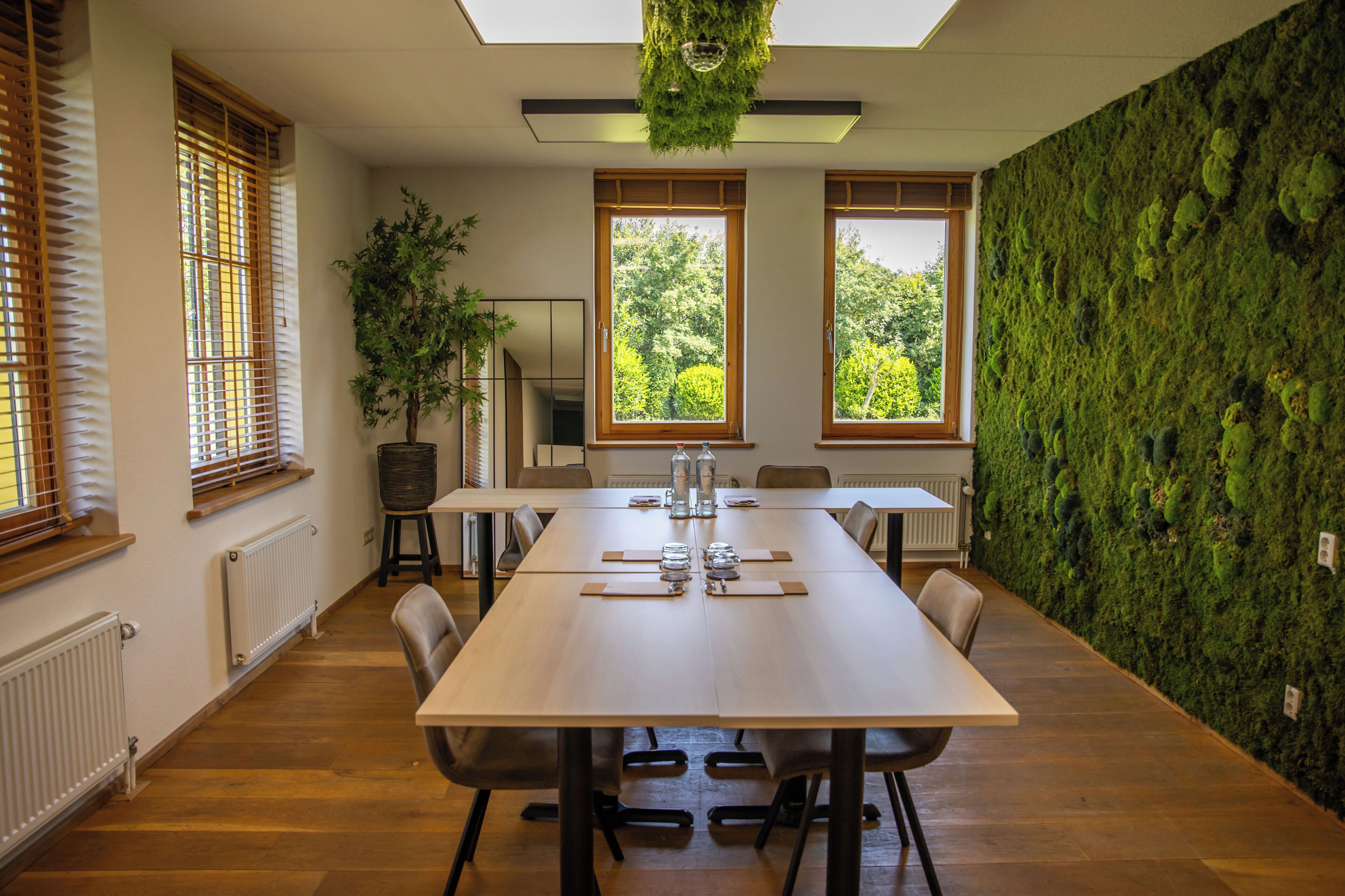 A conference room with a long table, chairs, and a green wall.
