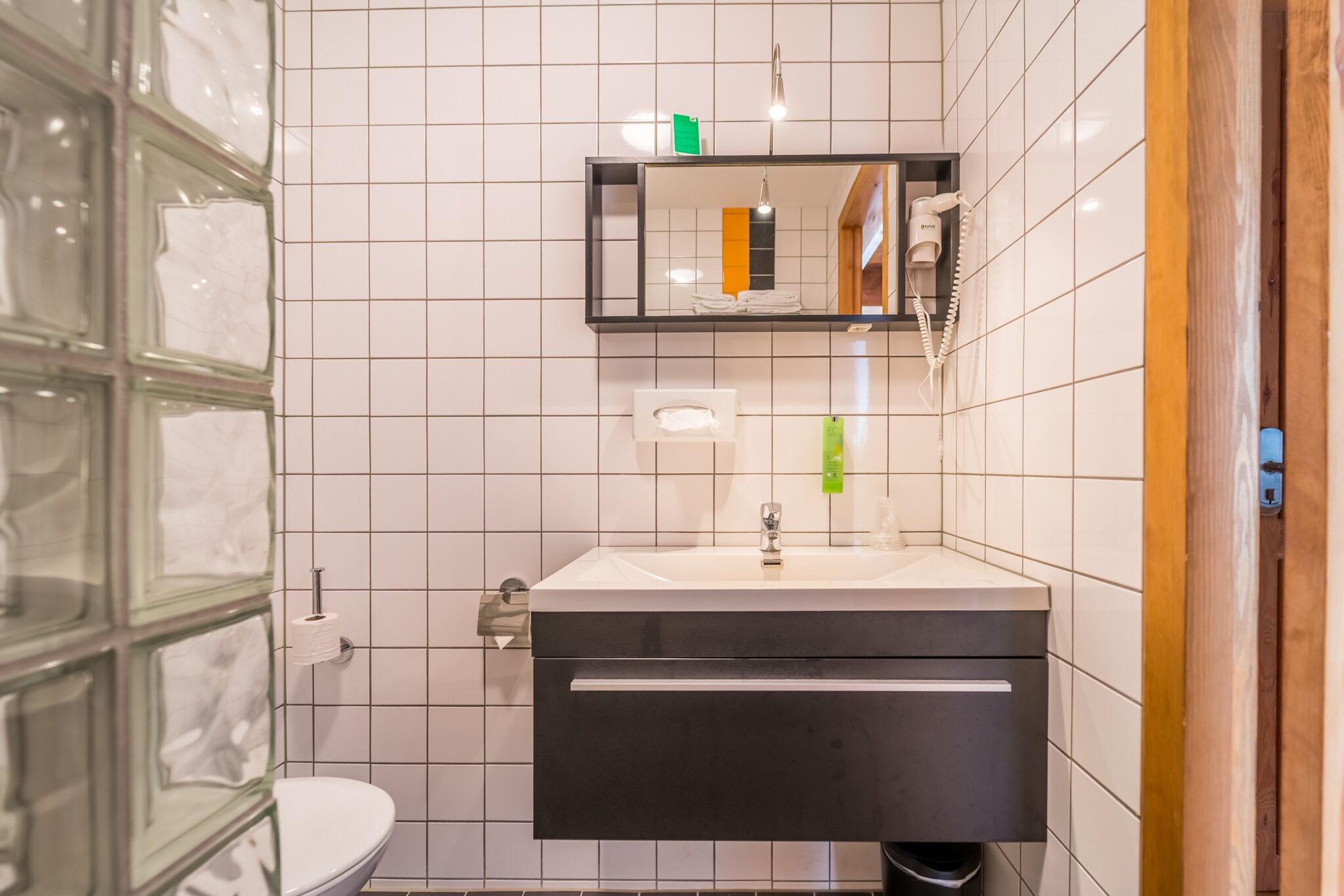 family room | bathroom | hair dryer, towels, soap, shampoo