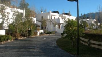 A paved pathway leading to a white building with multiple windows and a door, surrounded by greenery and a lamp post.