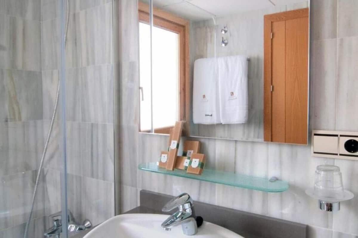 hair dryer, bidet, towels, soap