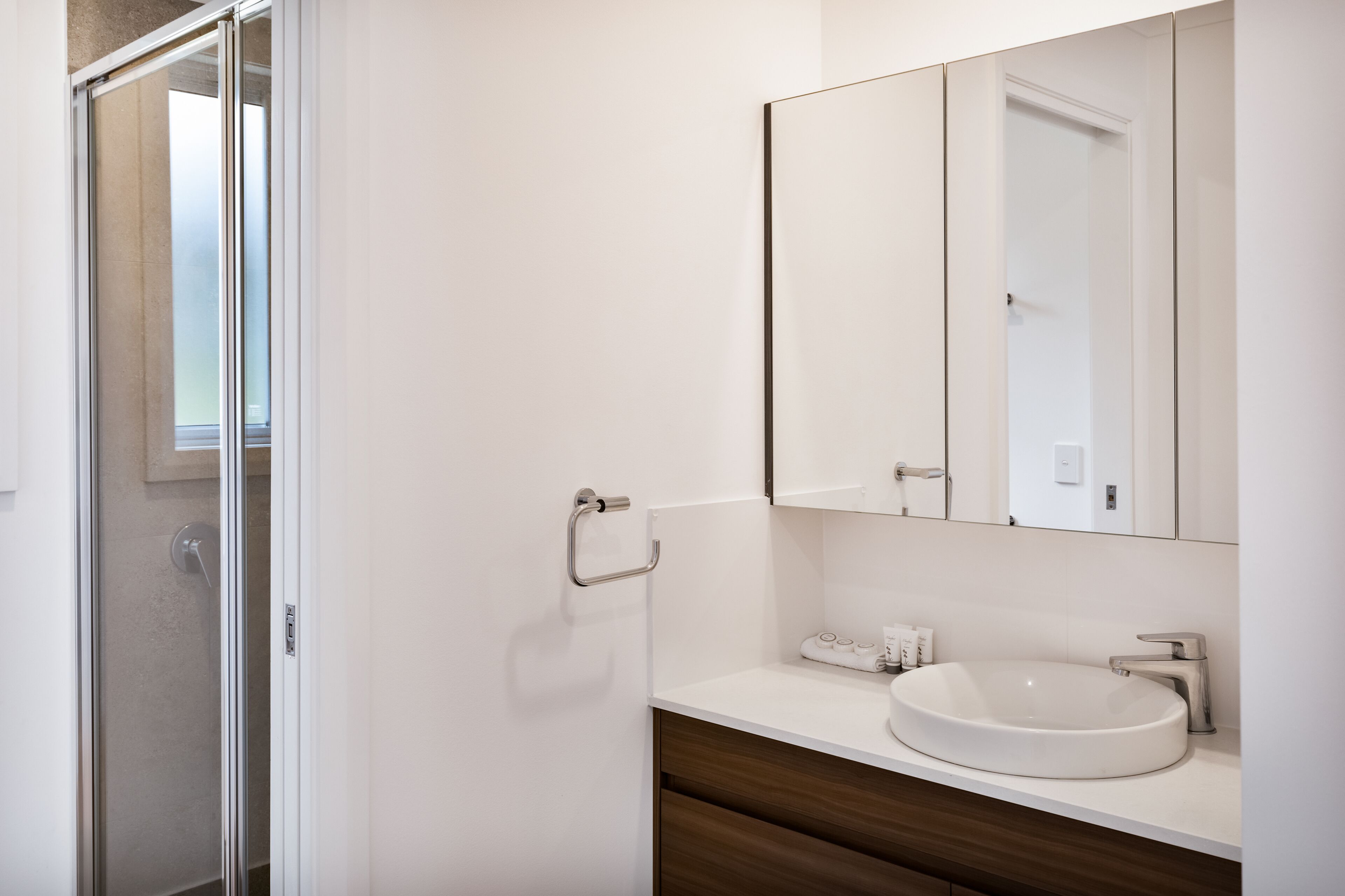 Un baño moderno con mampara de vidrio, un lavabo blanco y un espejo grande sobre el mueble.