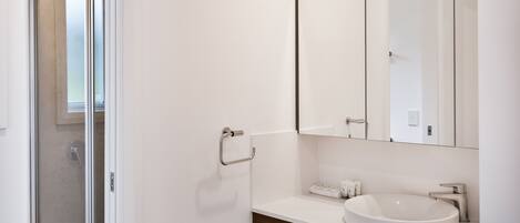 Un baño moderno con mampara de vidrio, un lavabo blanco y un espejo grande sobre el mueble.