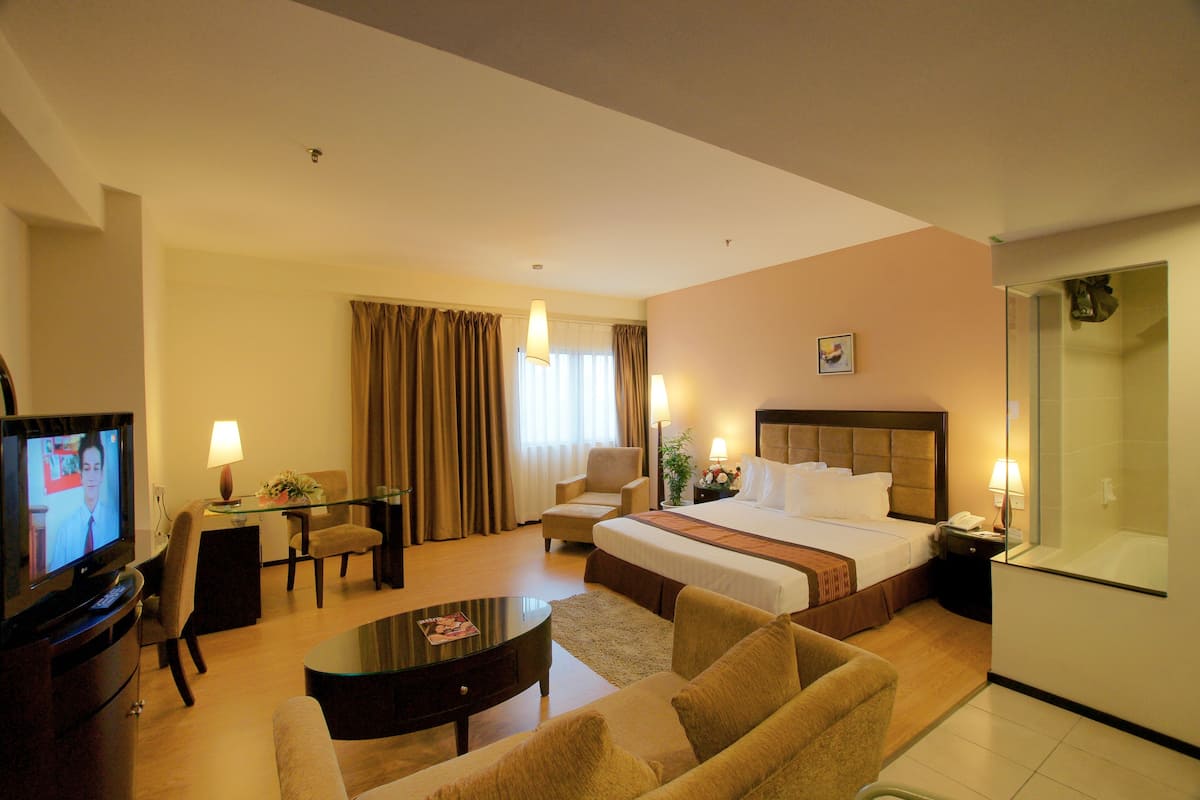 A hotel room with a bed, a desk, a television, a sofa, and a bathroom.