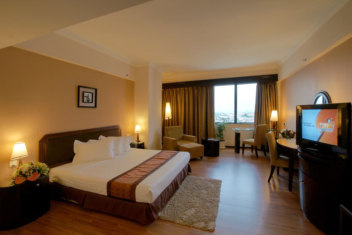 A hotel room with a large bed, a desk with a computer, a television, and a view of the city through the window.