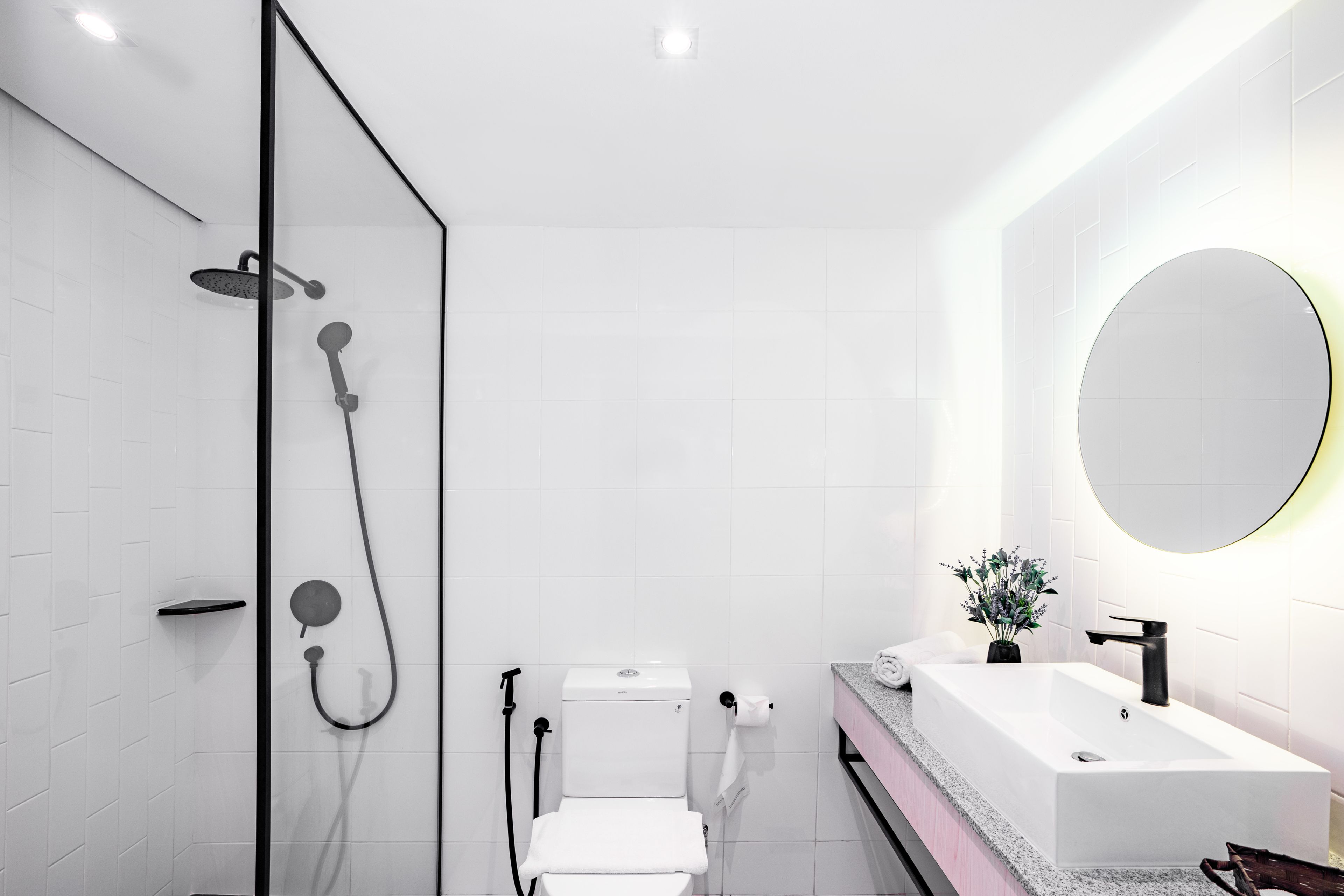 A modern bathroom with a glass-enclosed shower, a white toilet, and a vanity with a sink and mirror.