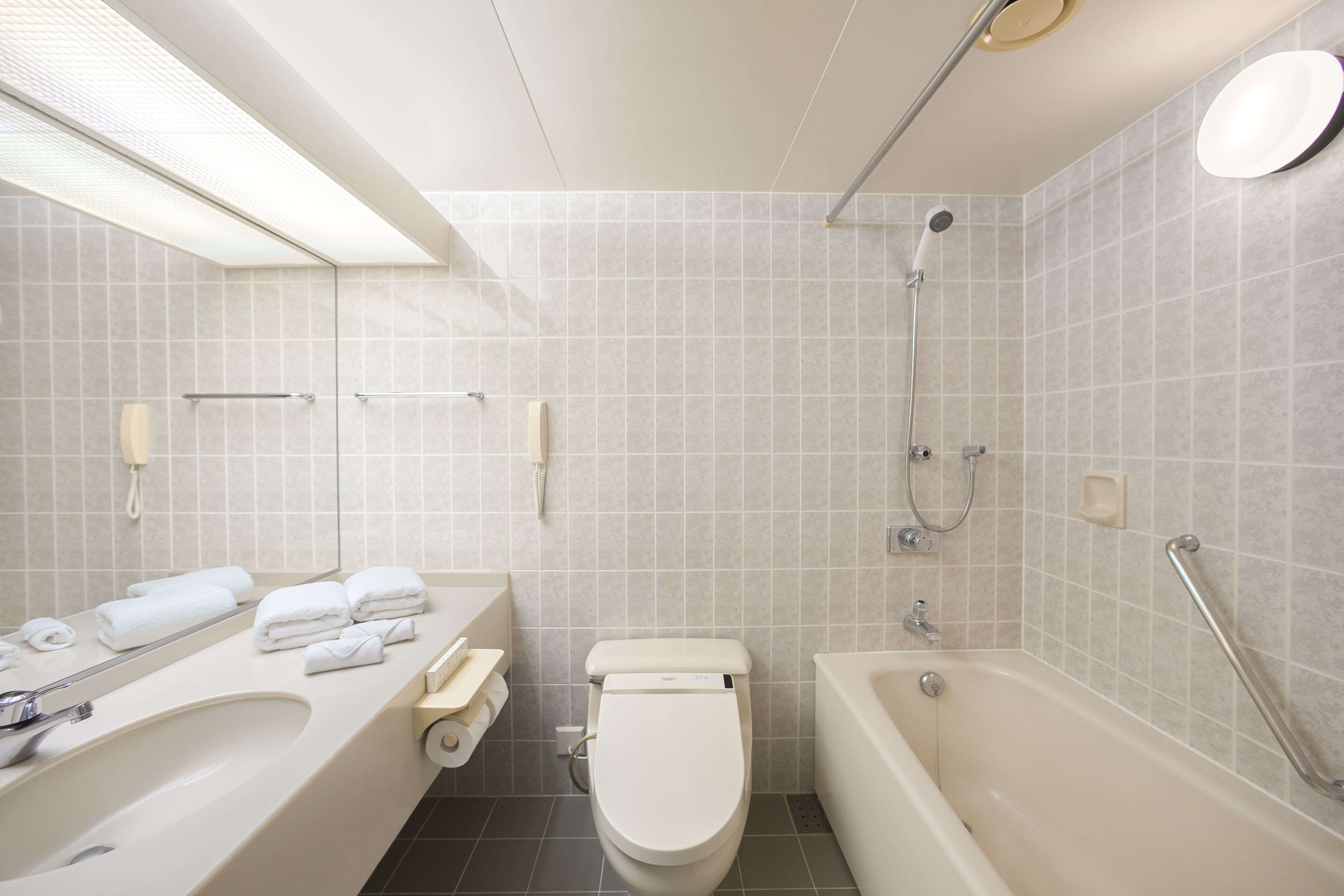 combined shower/bathtub, deep-soaking bathtub, free toiletries