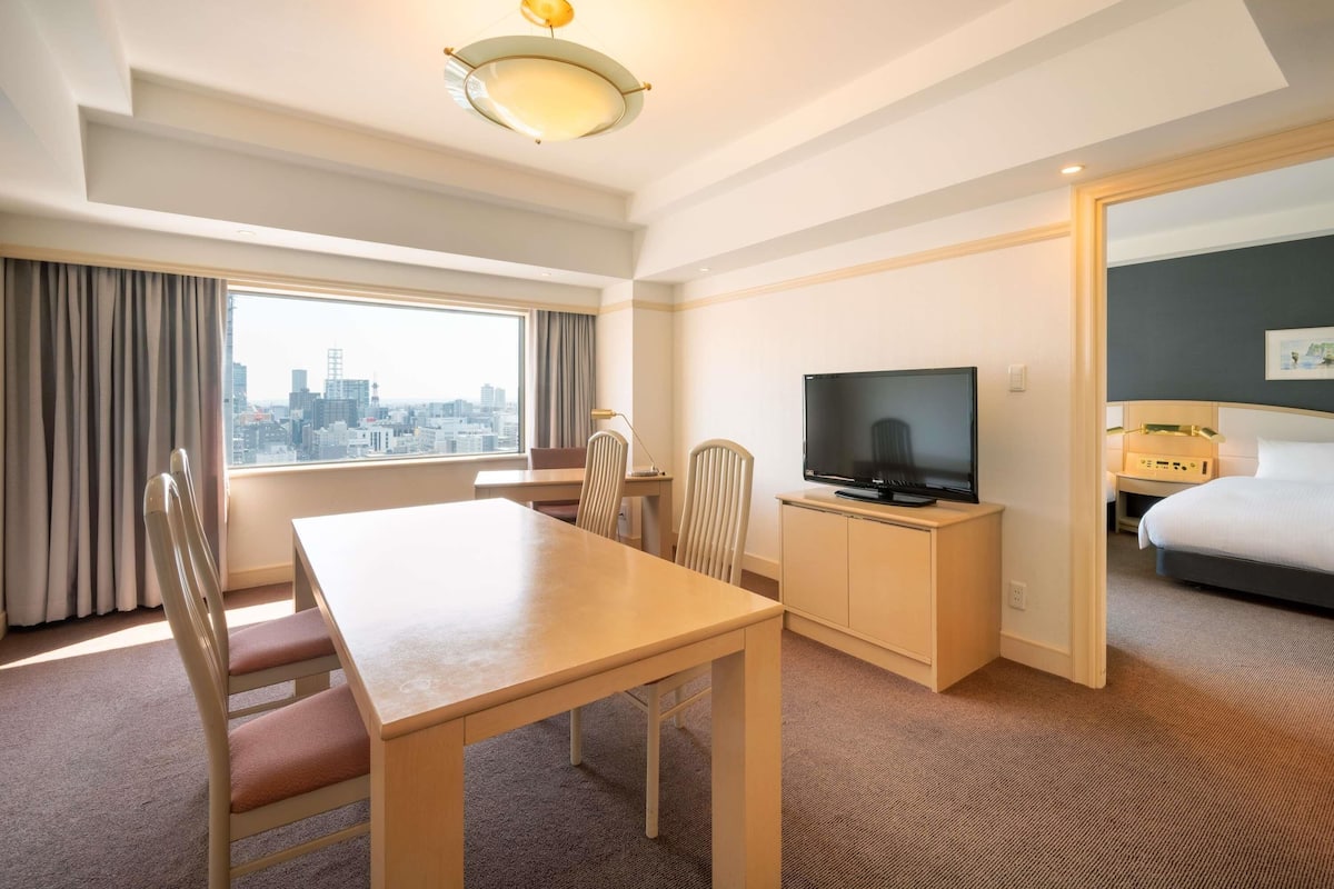 Quarto de hotel com vista para a cidade, uma mesa de jantar, uma televisão e uma cama.