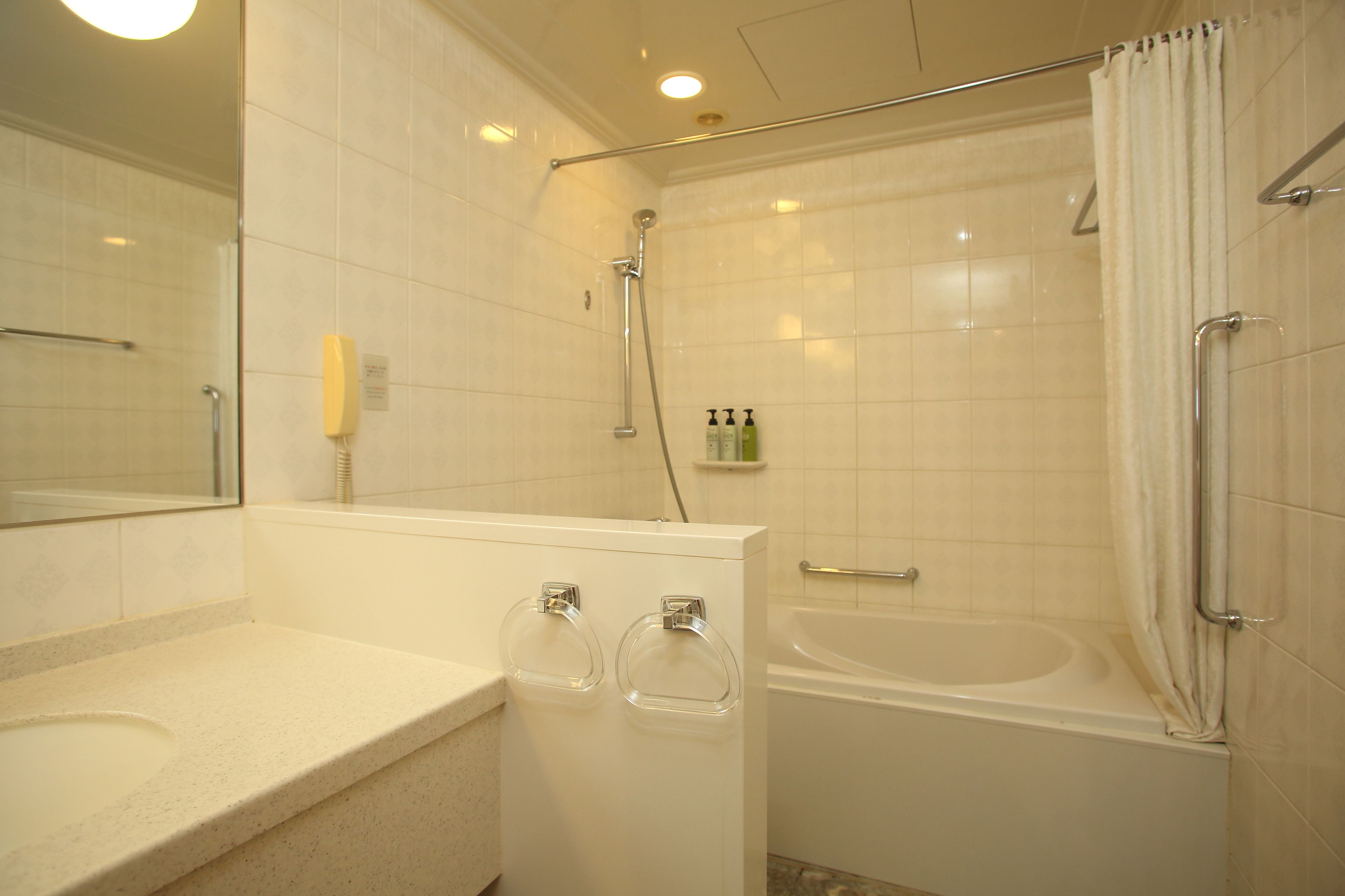 combined shower/bathtub, free toiletries, hair dryer, slippers