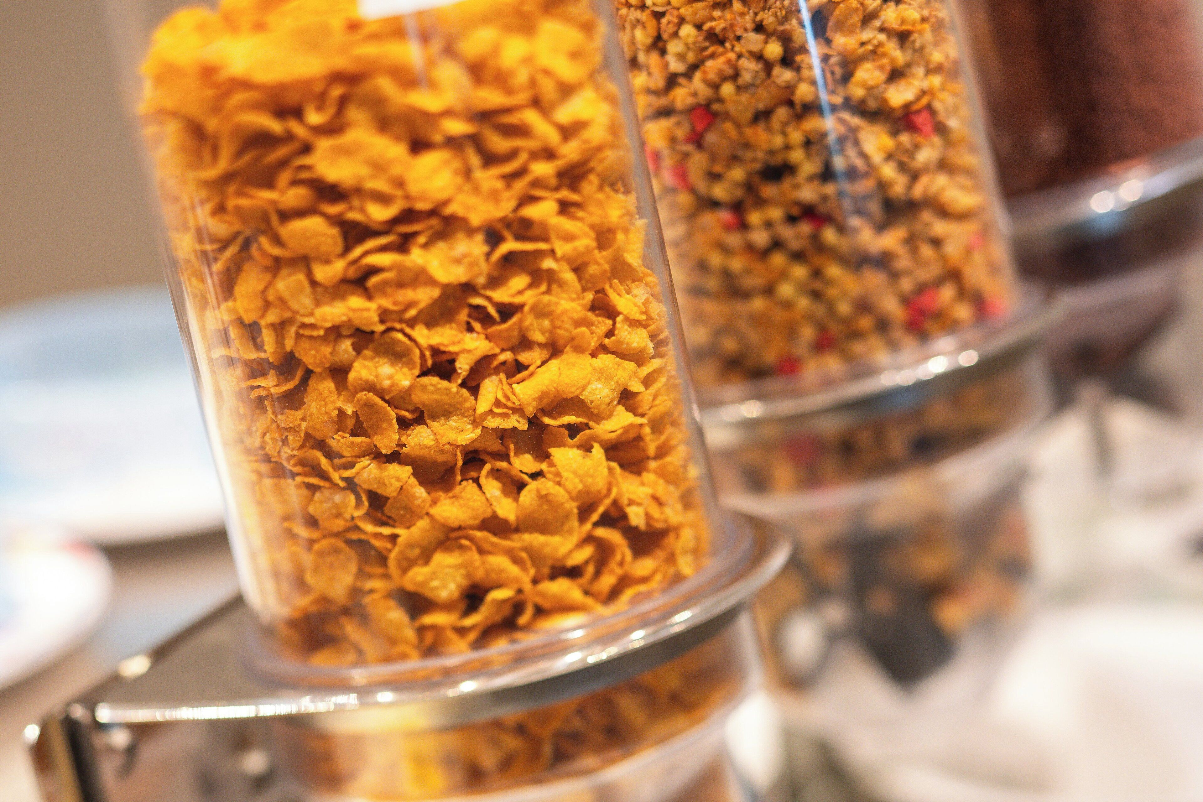 A close-up of cereal containers with a focus on the texture of the cereal.