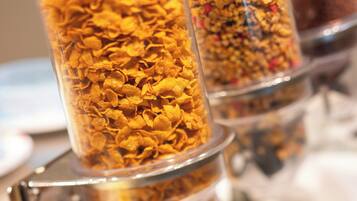 A close-up of cereal containers with a focus on the texture of the cereal.