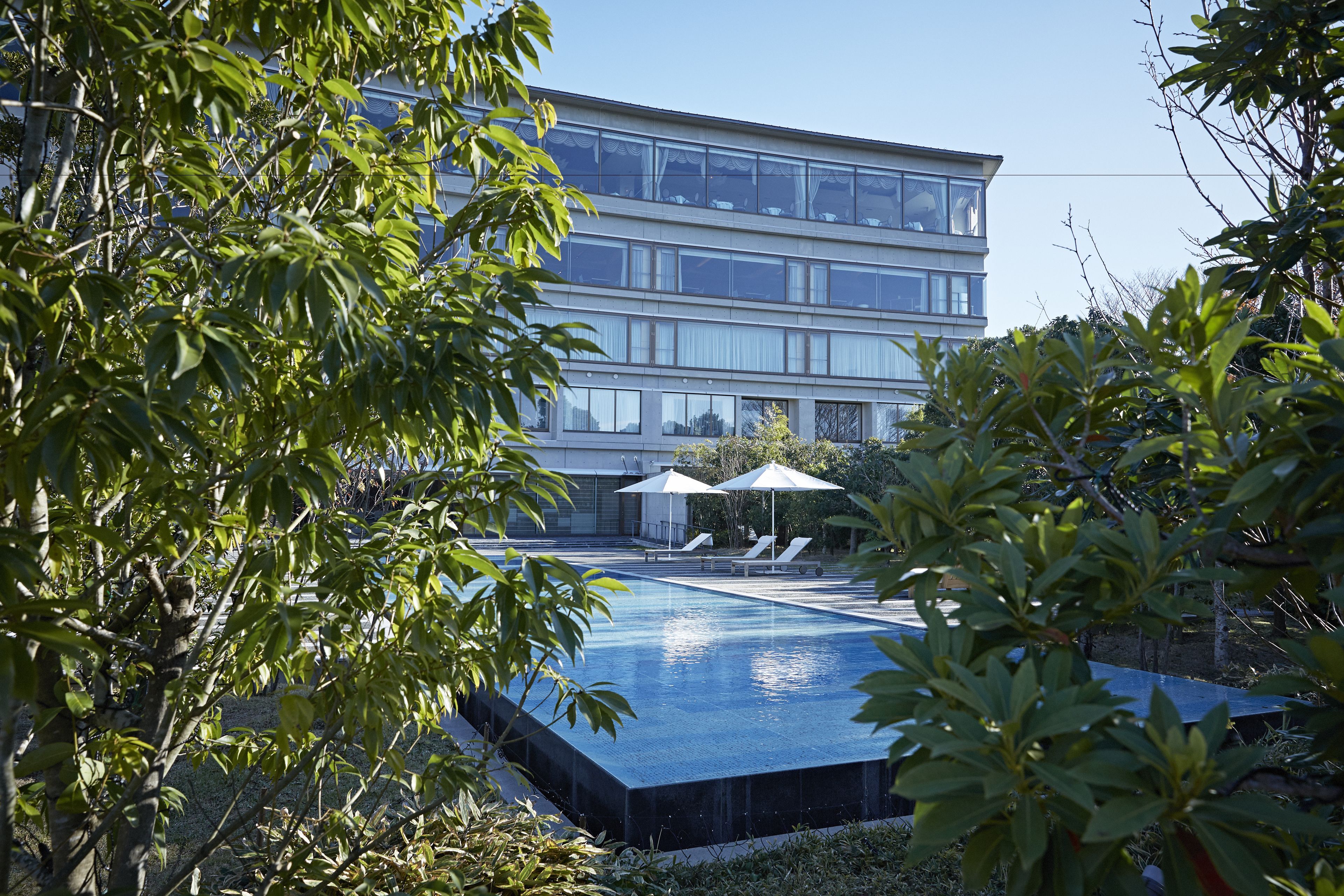 A modern building with a pool area, including lounge chairs and umbrellas.