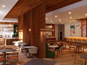 Un restaurant moderne avec des éléments de décoration en bois, plusieurs espaces de restauration et un bar.