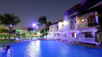 Outdoor pool, pool umbrellas, pool loungers