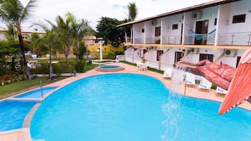 Outdoor pool, pool umbrellas, sun loungers