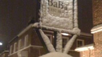 A cat tree with the text "BaBa" and "BEST HAIR" on it.