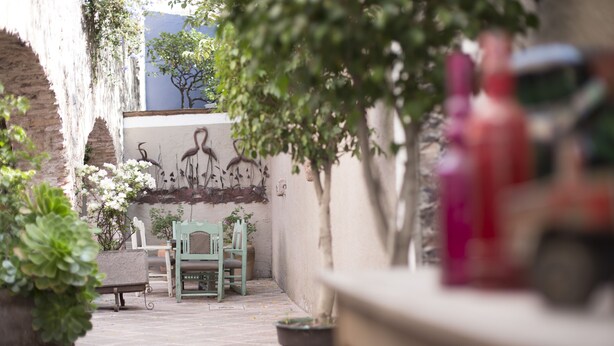 A courtyard with a mural, potted plants, a bench, and a table. - La Casa del Atrio (Querétaro)