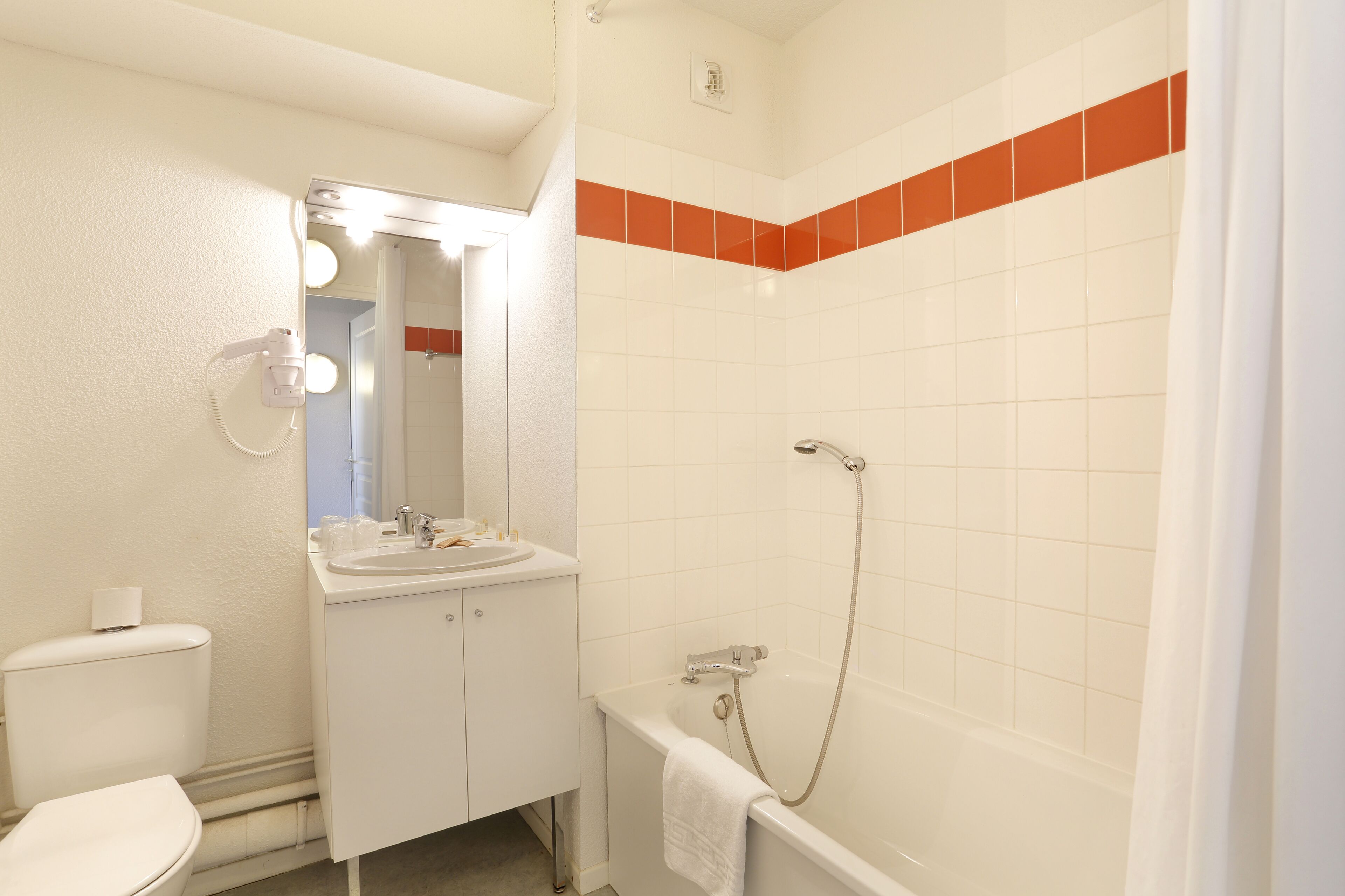 Combined shower/bathtub, free toiletries, hair dryer