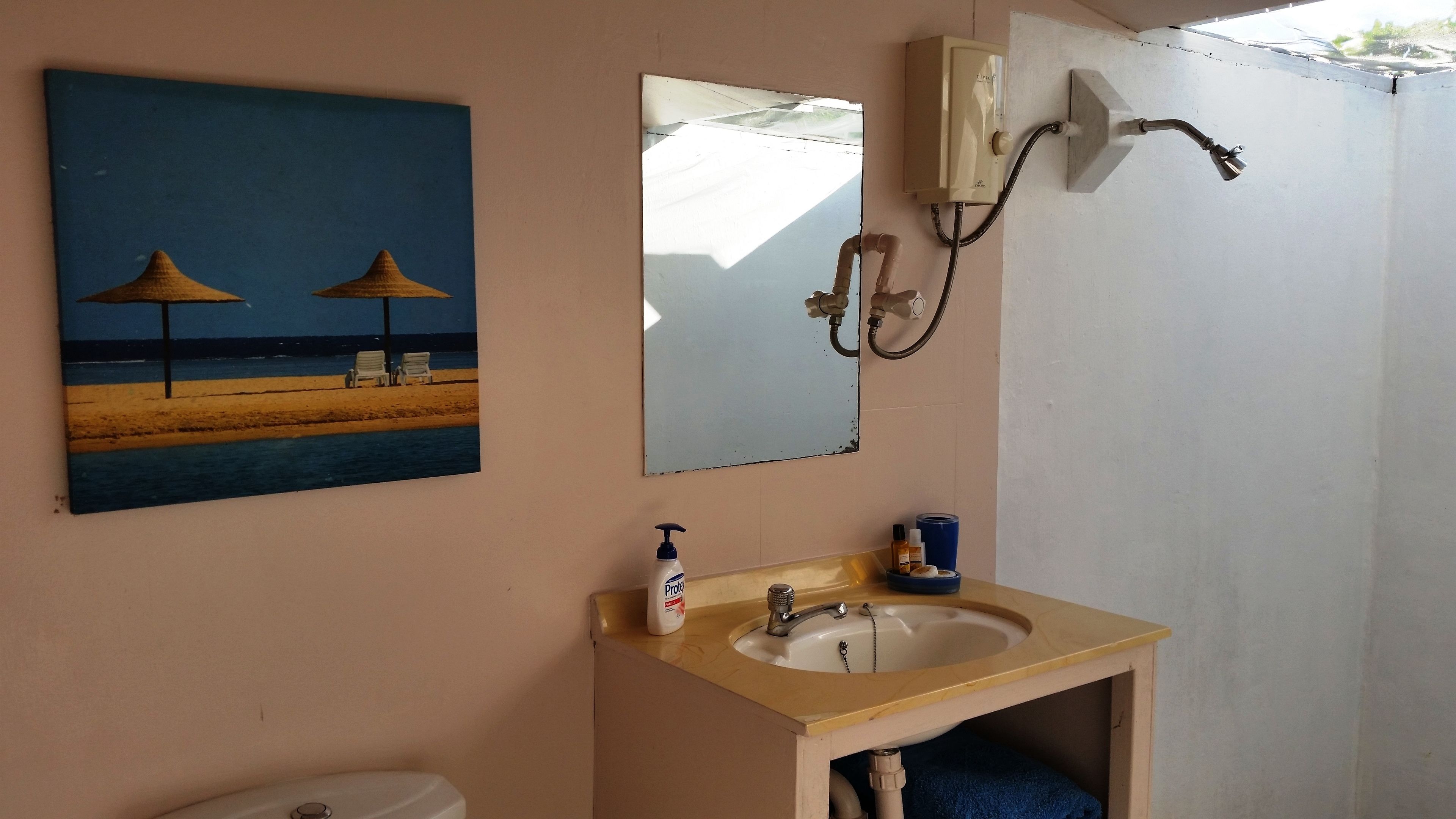 Un bany amb un lavabo, un mirall, una dutxa i un quadre d'una escena de platja.