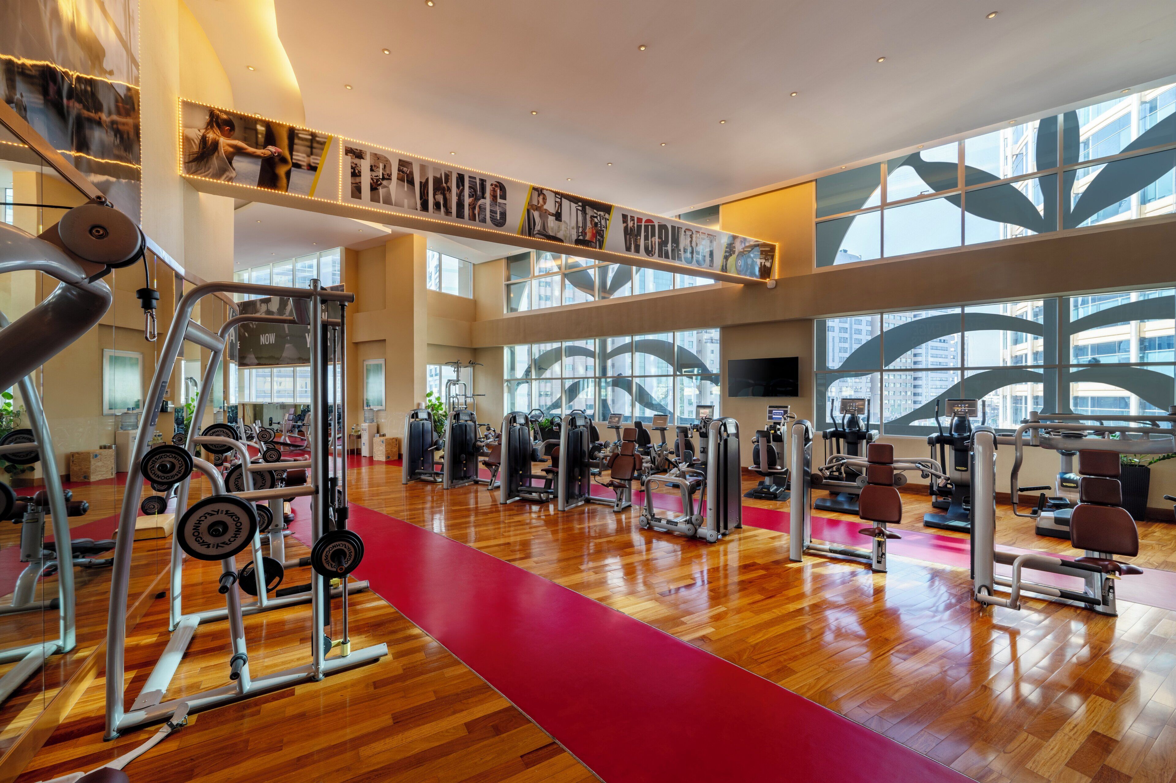 A spacious gym with various exercise equipment, large windows, and a red carpet.