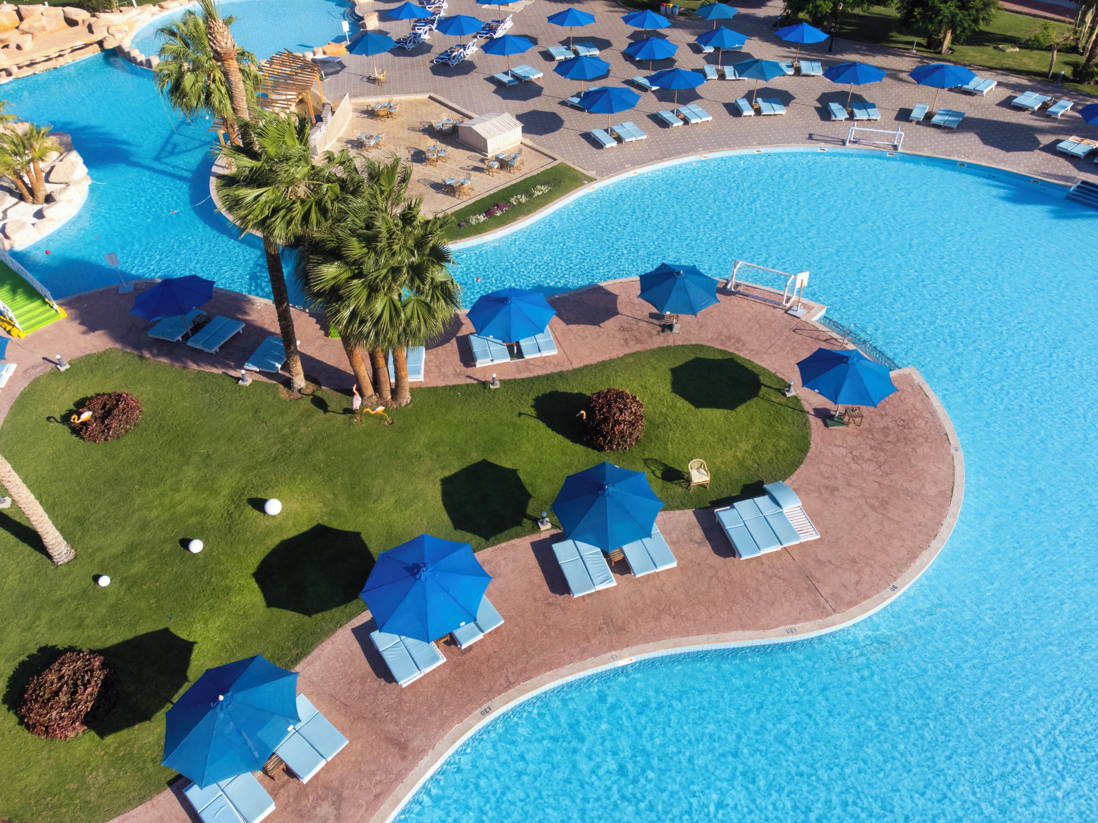 Vista aérea de un resort con una amplia piscina, numerosas tumbonas y palmeras.