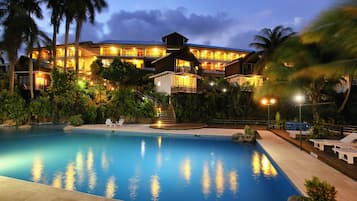 Outdoor pool, pool umbrellas, pool loungers