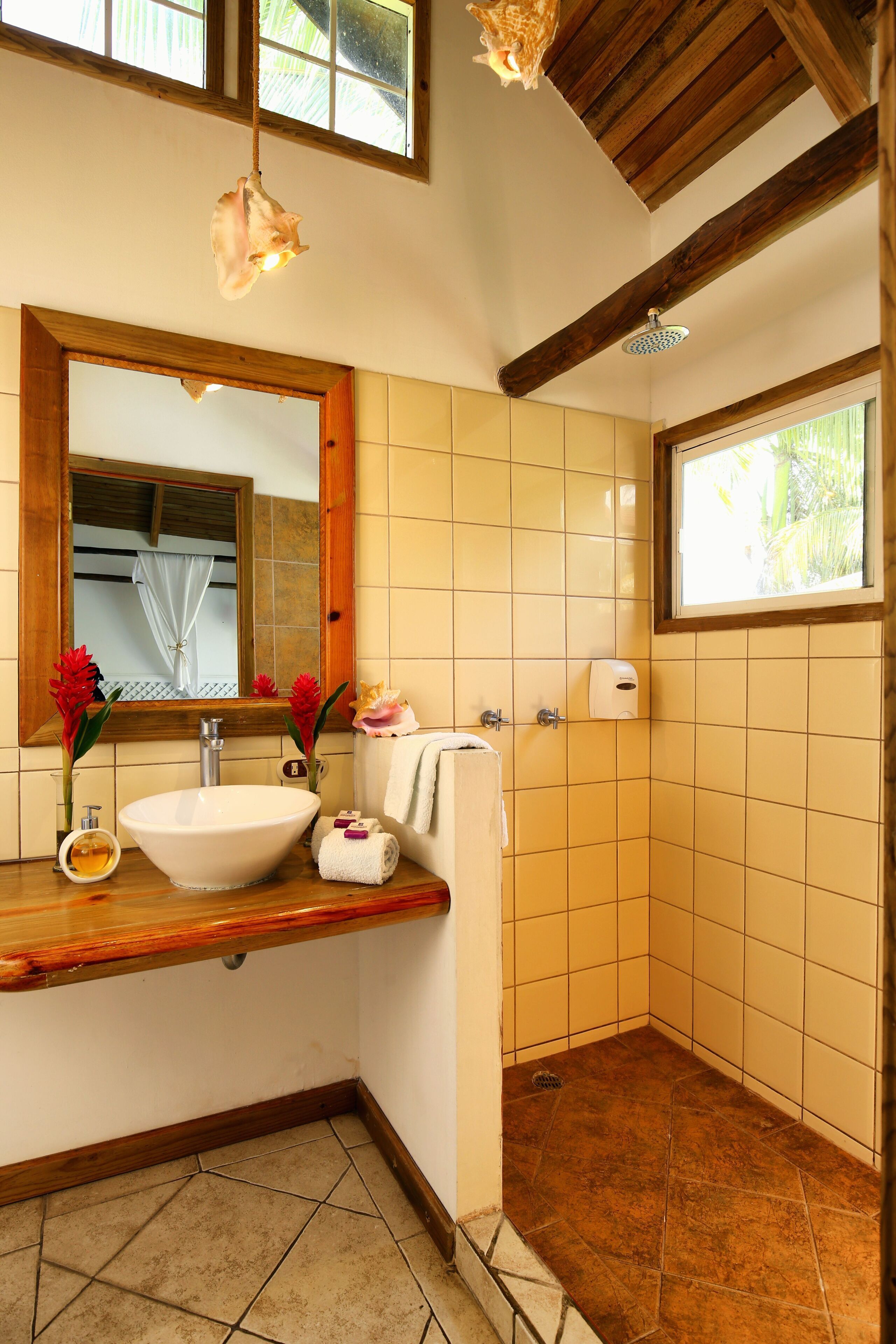 premium cabin | bathroom | shower, hair dryer, towels, soap