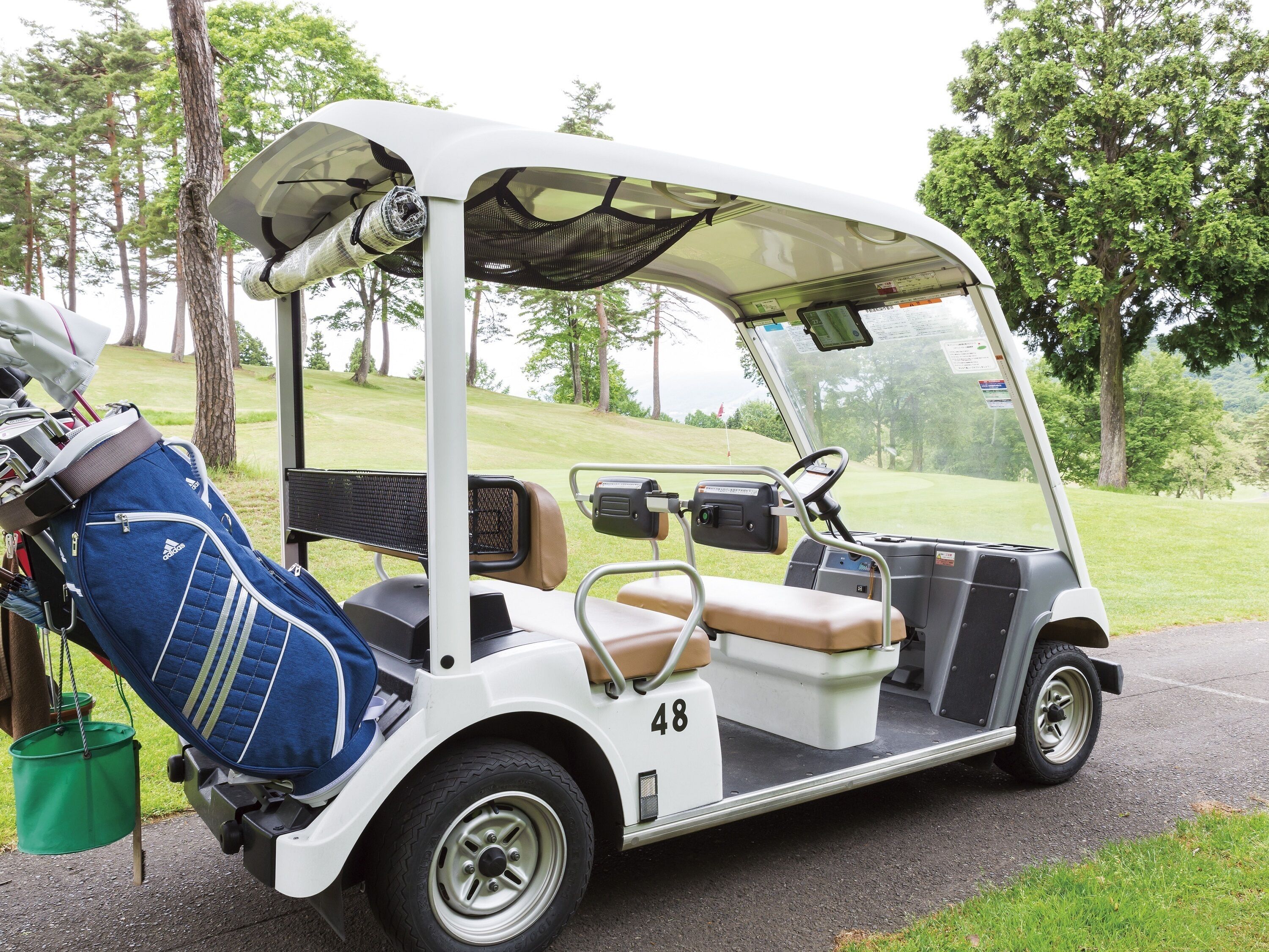 A golf cart with a storage compartment containing a blue bag and a green container.