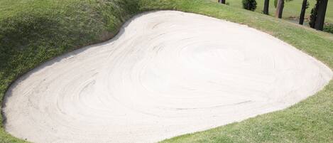 A golf course with a sand bunker and a grassy area.